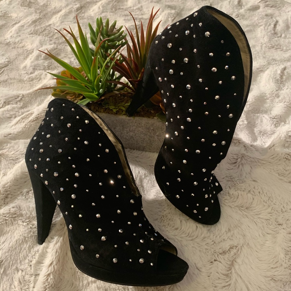 INC Black Suede Sparkle Gem Peep Toe Booties